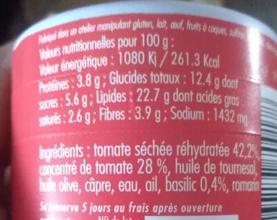 Liste des ingrédients du produit Délice de tomates séchées au basilic  