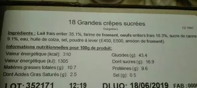 Liste des ingrédients du produit Crêpe sucrées Le Monde Des Crêpes 