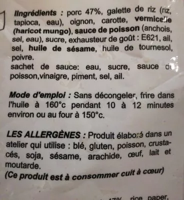 List of product ingredients Nems au porc Foo Seng 