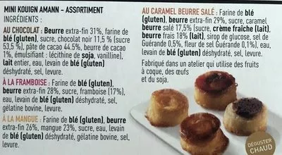 Liste des ingrédients du produit 8 Mini Kouign Amann - Chocolat - Framboise - Mangue - Caramel au Beurre Salé Terre d'Embruns 120 g