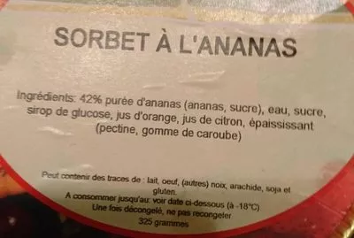 List of product ingredients Sorbet à l'ananas Glace de la Ferme 325 g
