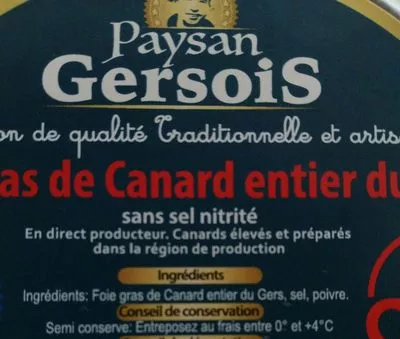 List of product ingredients Foie gras de canard entier mi-cuit Paysan Gersois 