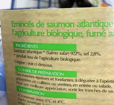 List of product ingredients Emincé de saumon Atlantique fumé bio  