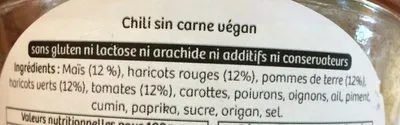 Lista de ingredientes del producto Chili sin carne vegan  