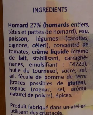 List of product ingredients Bisque de homard artisanale Le Brin d'Océan 750 ml