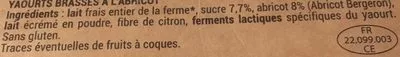 Liste des ingrédients du produit Yaourts Abricot La Ferme d'Anscaire 500 g (4 * 125 g)