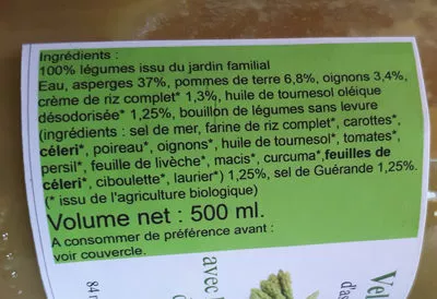 Liste des ingrédients du produit velouté  d'asperges avec les légumes du jardin pascal  cornuet 500ml