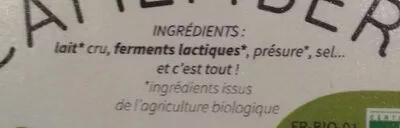Liste des ingrédients du produit CAMEMBERT D'OCCITANIE la ferme coeur de vache 220 g