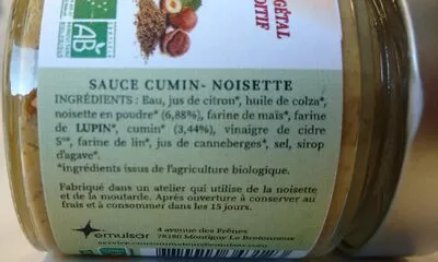 Lista de ingredientes del producto Sauce Cumin Noisette MIEUM 125 g