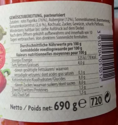 Liste des ingrédients du produit Ajvar Mild Podravka 690 g