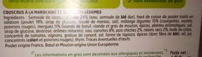Liste des ingrédients du produit Couscous à la marocaine et ses petits légumes Fleury Michon 450 g