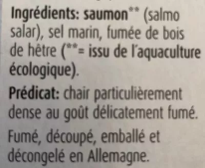 List of product ingredients Saumon Atlantique Nord Fumé Bio Verde 
