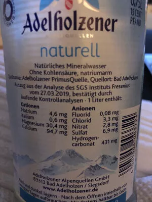 List of product ingredients Adelholzener naturell Adelholzener 0.75l