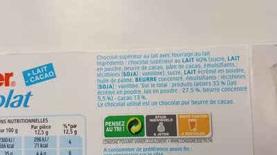 Liste des ingrédients du produit Kinder chocolat - chocolat au lait avec fourrage au lait 12 barres Kinder, Ferrero 150 g