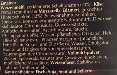 Lista de ingredientes del producto Steinofen Pizza, Schinken Wagner 350 g