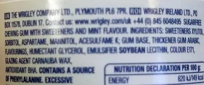 Lista de ingredientes del producto Wrigley's Extra Peppermint Wrigley's 60 pieces