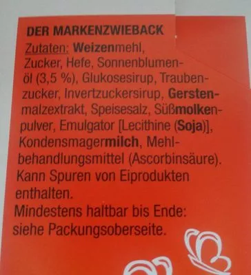 Lista de ingredientes del producto Zwieback Brandt 338 g