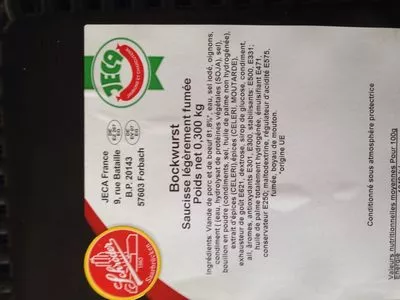 Liste des ingrédients du produit Bockwurst saucisse légèrement fumée Schroder, Jeca 0,300 kg