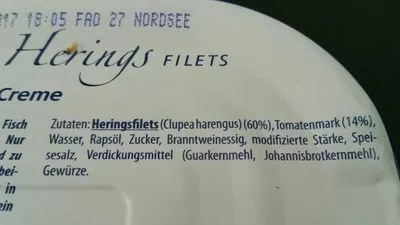 Lista de ingredientes del producto Zarte Heringsfilets in Tomaten-Creme Appel 200 g, Fischeinwaage 120 g