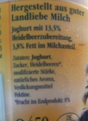 Liste des ingrédients du produit Joghurt mit erlesenen Heidelbeeren Landliebe 450g