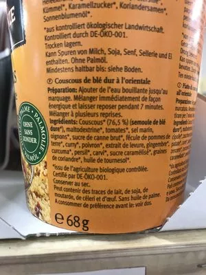 Liste des ingrédients du produit COUSCOUS BOL INSTANTANEE Natur Compagnie 