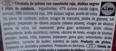 Lista de ingredientes del producto Salade Quinoa, betteraves rouges et haricots noirs Chef Select 230 g