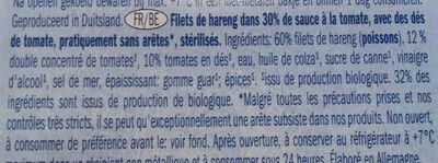 List of product ingredients Filets de hareng dans une sauce tomate Nixe 