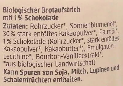 Lista de ingredientes del producto Schokocreme Zartbitter dm Bio, Dm Markenqualität 400g