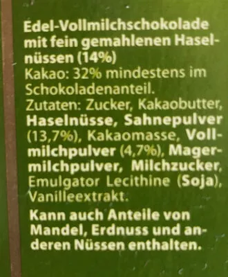 Liste des ingrédients du produit Noisette Schokolade Moser Roth 125g