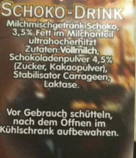 Lista de ingredientes del producto Schoko-Drink Milfina 0.5 L