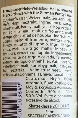 Lista de ingredientes del producto Franziskaner Hefe Weissbier 500ml Franziskaner 500 ml