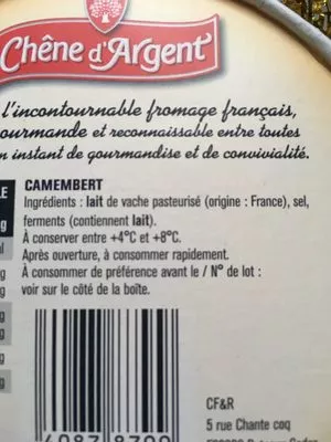 Lista de ingredientes del producto Chêne d'Argent Camembert Chene d argent, Chêne d'argent 250g