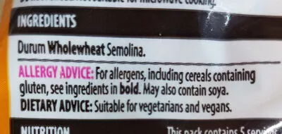 Lista de ingredientes del producto Wholewheat Fusille Aldi 