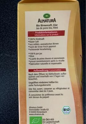 List of product ingredients Jus de poire Alnatura 