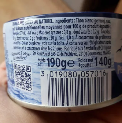 List of product ingredients thon blanc au naturel petite navire 190g net