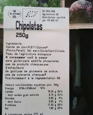 List of product ingredients Chipolatas La Ferme Du Bio 