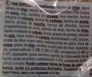 Liste des ingrédients du produit Pan sottile cereales y semillas Dulcesol 310 g