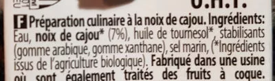 Liste des ingrédients du produit Cuisine nature noix de cajou ECO MIL. 200 ml