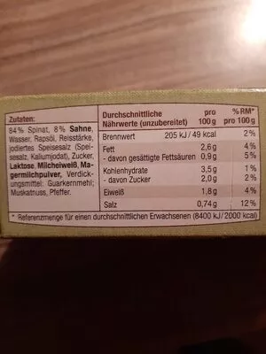 Lista de ingredientes del producto Rahmspinat Beste Ernte 450g