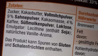 Lista de ingredientes del producto Kaffee Sahne Schokolade Schokoliebe 200g