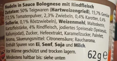 Liste des ingrédients du produit Nudeln Bolognese mit Rindfleisch real quality,  Real 62g