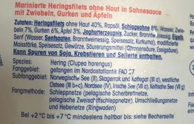Lista de ingredientes del producto Sahne Heringsfilets nach Hausfrauen-Art REWE 