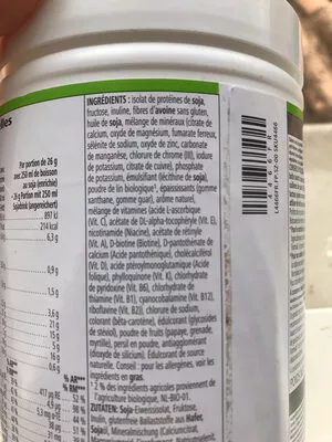 Lista de ingredientes del producto Boisson Nutritionnelle Herbalife Nutrition 550g