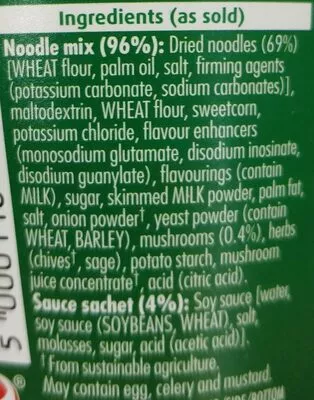 Lista de ingredientes del producto Chicken & Mushroom Standard Pot Noodle, Unilever 90 g