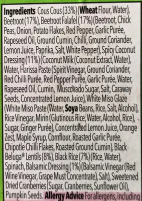 Lista de ingredientes del producto Beetroot falafel and giant cous cous salad Gro (Coop) 230 g