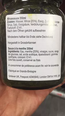 Lista de ingredientes del producto Mint sauce Colman's, Unilever 250 mL