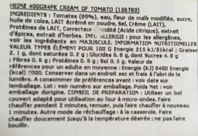 List of product ingredients Heinz Cream of Tomato Soup 4 X 400G Heinz 4 x 400 g