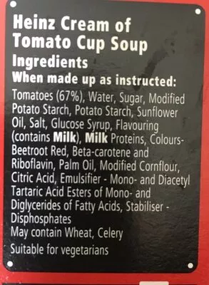 Lista de ingredientes del producto Cream of Tomato Cup Soup Heinz 4 * 22 g (88 g)