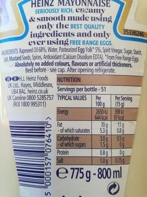 Liste des ingrédients du produit Seriously Good Times Mayonnaise Heinz 775 g