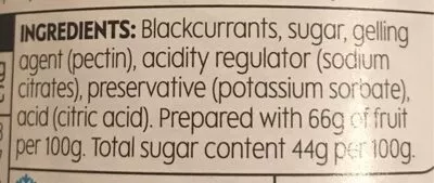 Liste des ingrédients du produit Reduced sugar blackcurrant jam Waitrose 